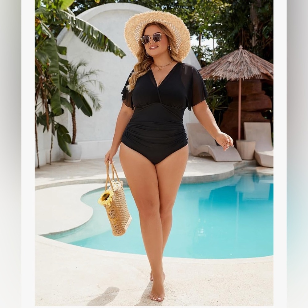 Black V-Neck Swimsuit with Sheer Sleeves and leopard top